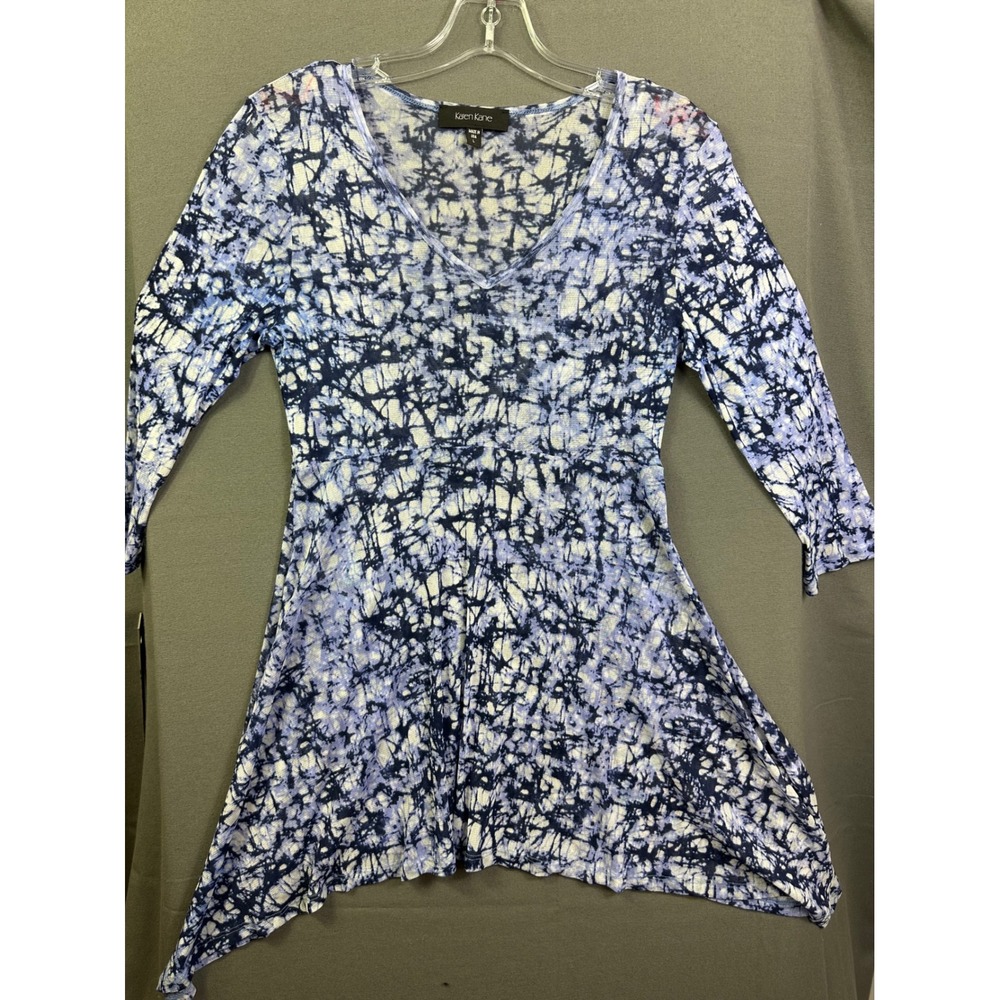 Karen Kane Blue White Batik Tie Dye Mesh Sharkbite Tunic Top Women's Large Lβ